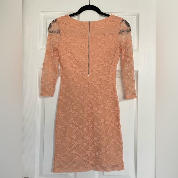 Divided Peach Lace Mini Dress. - Picture 3 of 4
